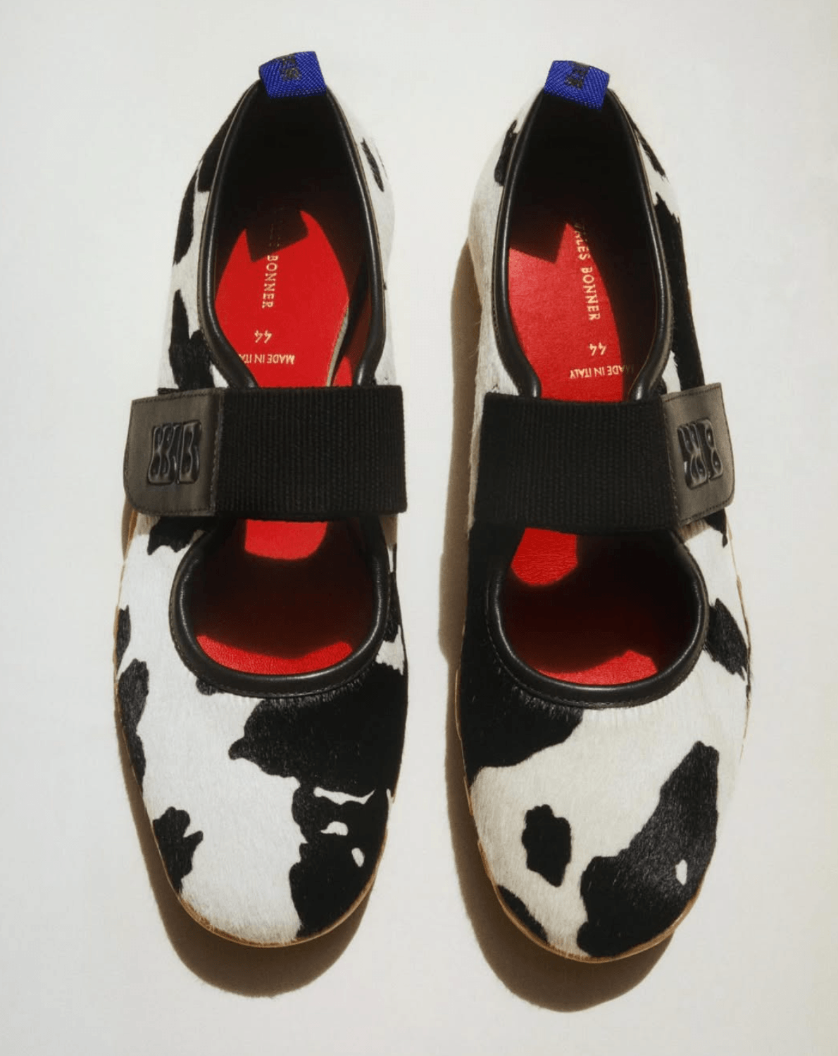 Pony hair Mary Jane with cowhide print and leather embossed with the WB monogram, via @walesbonner IG
